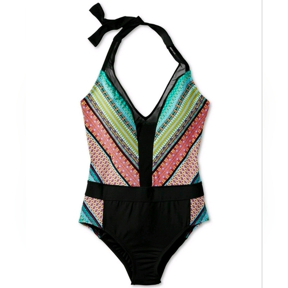 Bleu Rod Beattie Plunge Mesh Neck Halter One Piece Swimsuit Sz 6 - Picture 7 of 12